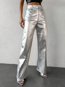 EURMUSE Fashionable Silver Tone Holographic Long Pants - Silver - View 7