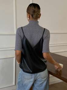 Livesso Women's Black PU Leather Camisole, Versatile For Business, Casual, Office, New Year, Christmas, Wedding, Party, Elegant