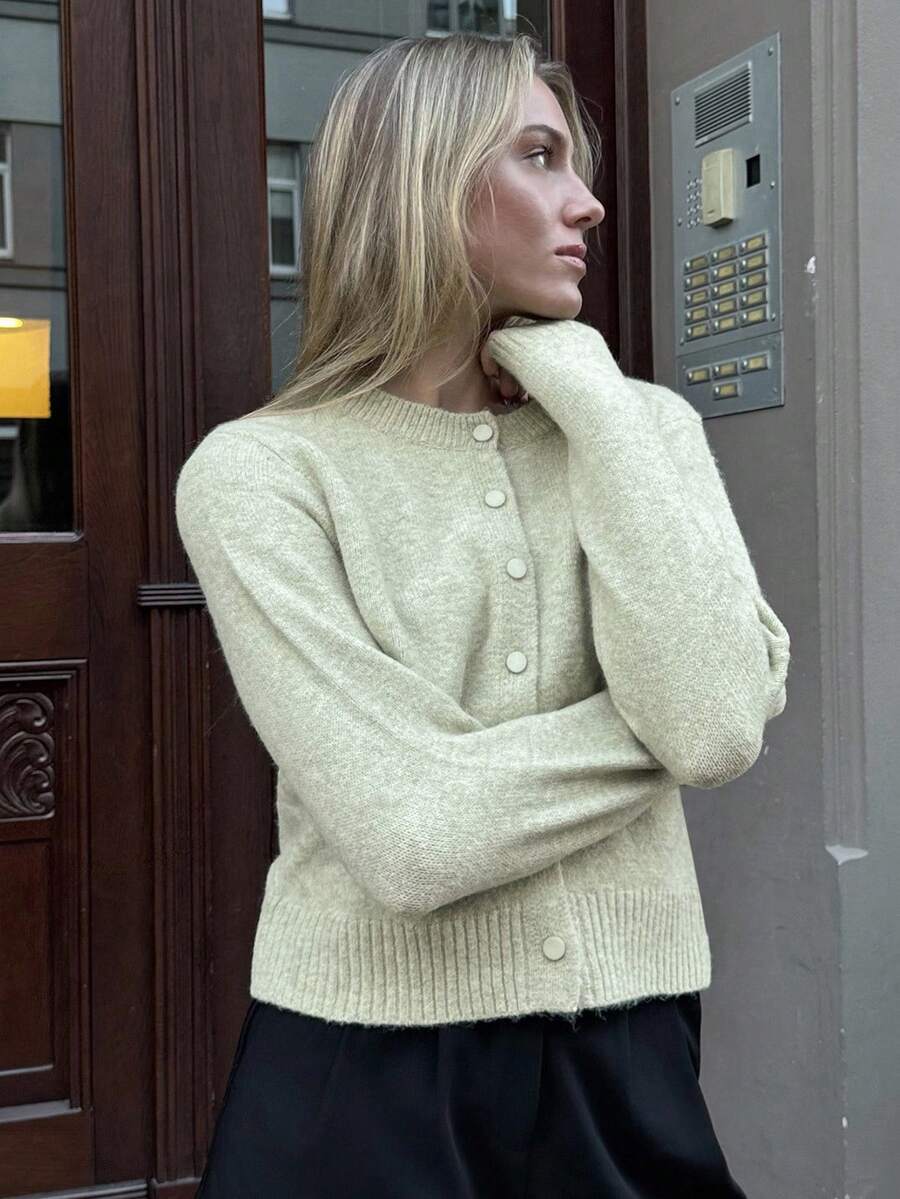 SHEIN PariChic 2pcs Green Knit Vest & Long Sleeve Cardigan Set, Versatile & Minimalist - Green - View 1
