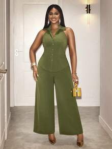 Lineaform Women's Elegant Summer Olive Green Sleeveless Backless Jumpsuit,Lapel High Waist Wide Leg Style For Night Out,Wedding,Gala,Commuting,Holiday,Parties - Army Green - View 3