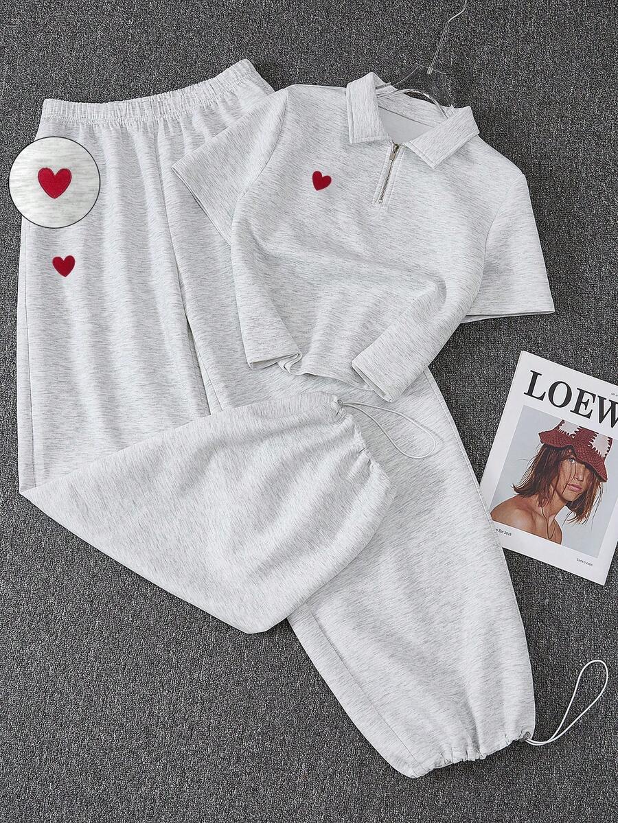 Resyla 2pcs Women Heart Pattern Casual Short Sleeve Half-Zip Top And Drawstring Pants Set - Grey - View 1
