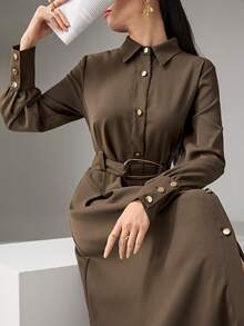 Heiryn Women's Casual & Formal Solid Color Belted Shirt Dress, Versatile For Work And Daily Wear, Spring/Autumn - Coffee Brown - View 5