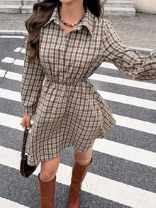 Serisse Women's Plaid Long Sleeve Shirt Dress,Retro Vintage Brown And White Polka Dot Autumn Back-To-School Checkered Button Half Placket Casual Dress,School - Brown - View 5