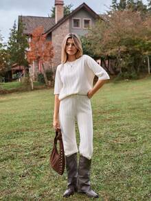 EURMUSE Two Pieces Ribbed Knit Set In Cream Featuring Short Sleeve Top With Waist Tie And Wide Leg Pants - White - View 5