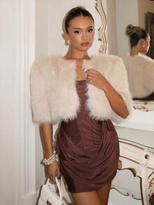 SHEIN Glamour Women's Elegant Apricot Front Open Mid-Sleeve Fuzzy Cardigan, Autumn Coffee Brown Dress Fluffy Dress Women Luxury Clothes For Women Winter Dresses Velvet Dresses - Apricot - View 3