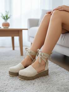Alpargatas de plataforma con cintas al tobillo en beige: estilo natural y comodidad para cualquier ocasión - Beis - Ver 5