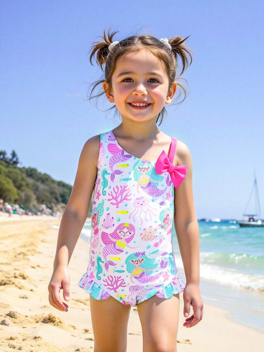 Baby GirlDreamy Mermaid One-Piece Swimsuit With Ruffled One Shoulder Strap 2 Year Old Girl Swimsuit Baby Girl Swimwear Girl Swimsuit Mermaid Cute Girl Swimsuit Mermaid Swimsuit Girl Swimming Costume For Girl 2 Years Old Girl Swimsuit Baby Girl Swimwear, Beach Swimwear For Baby Girl, Summer Vacation, Pool Party