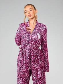 Missguided x Playboy Leopard Print Wrap Robe Long Sleeve Belted Satin Robe Luxury Sleepwear Loungewear Kimono Style Morning Robe - Multicolor - View 5