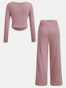 SHEIN Bộ đồ thể thao thoải mái, thoải mái, áo thun dệt kim cổ chữ U tay dài họa tiết sọc xanh trắng và quần ống đứng ống rộng 2 món, bộ đồ thể thao năng động thoải mái cho bé gái tuổi mới lớn - Bụi hồng - Xem 2