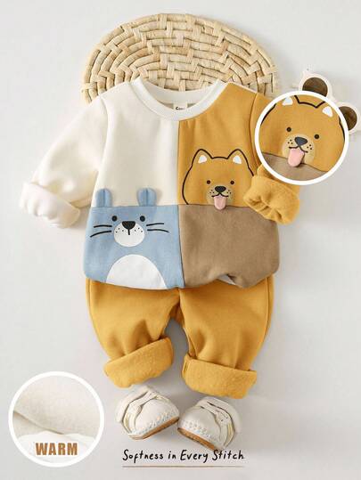 Cozy Pixies 2pcs Baby Boy Cartoon Animal Graphic Patchwork Contrast Color Thermal Lined Soft Knit Crew Neck Sweatshirt And Elastic Waist Jogger Pants Set