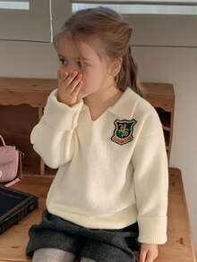 DAZY Young Girl Letter Graphic Turndown Collar Drop Shoulder Long Sleeve Casual Sweater, Autumn/Winter - Apricot - View 6