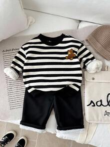 LMoss Kids 2pcs Baby Boy Striped Crew Neck Sweatshirt And Pants Set, Thermal Lined, Thickened, Autumn/Winter - Multicolor - View 3