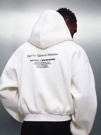 PLAYBOY X SUMWON Crop Fit Bunny White Pullover Hoodie With Centre Pocket Drawstring Hood Long Sleeve Casual Streetwear Comfort