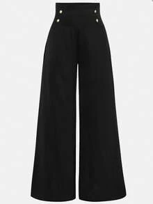 SHEIN Girlism 少女高腰修身阔腿黑色休闲裤 - 黑色 - 查看 1