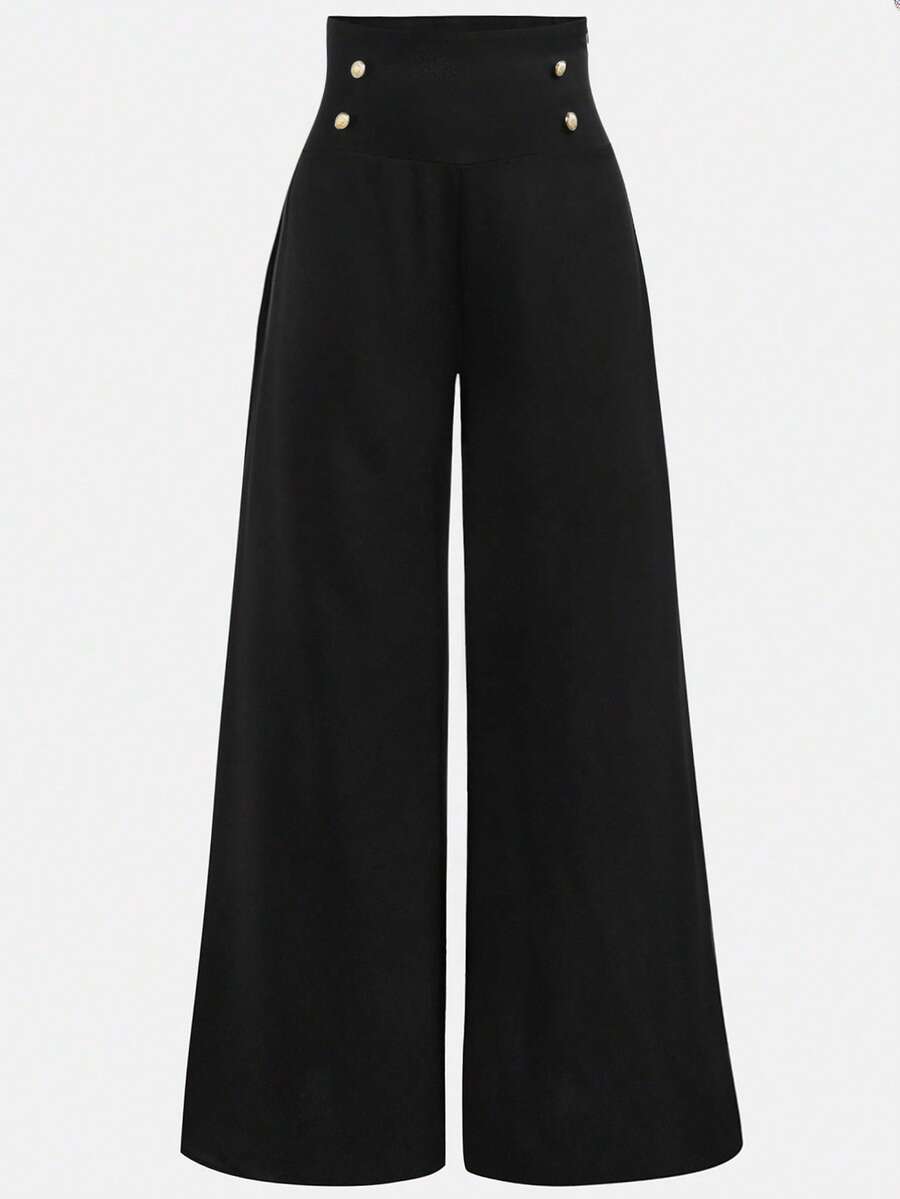 SHEIN Girlism 少女高腰修身阔腿黑色休闲裤 - 黑色 - 查看 1