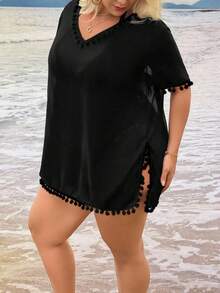 Swim Lushoire Plus Size Women Solid Color Pom Pom V-Neck Short Sleeve Coverup Summer 2026 Christmas New Year Party Beach Casual - Black - View 5