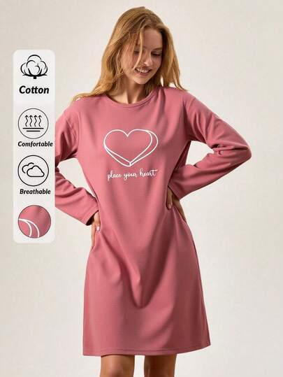 Loomlin Women Katoenen Round Neck Heart Lettered Long Sleeve Homewear Pajama Dress Nightgown Sleep Wear Loungewear Lounge Sets