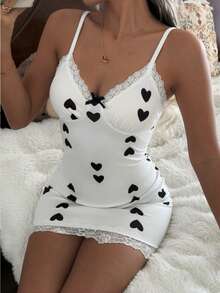 ZzzCrew Chic Women's Mini Slip Dress Knitted Fabric Semi-Sheer Sleeveless With Contrast Lace Random Heart Print And Adjustable Spaghetti Straps In Black And White White Lingerie Dress Sexy Sleep Dress - Black and White - View 6