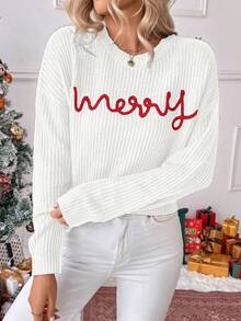 EMERY ROSE Women's Crew Neck Drop Shoulder Long Sleeve Letter Knit Sweater - White - View 6