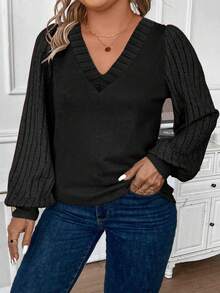 EMERY ROSE Plus Size V-Neck Puff Sleeve Black T-Shirt, Basic Casual Style, Autumn/Winter New Arrival - Black - View 3