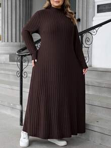 SHEIN CURVE+ Váy len dệt kim dáng chữ A dài tay cổ lọ gân cỡ lớn dành cho nữ, mùa thu/đông - màu nâu - Xem 7