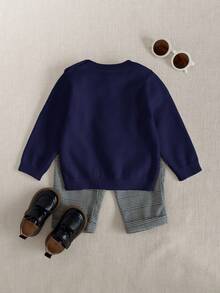 PrepCrw Baby Boys Navy Blue Knitwear Pullover With Teddy Bear Pattern Long Regular Sleeve Contrast Collar For Everyday Casual Wear - Navy Blue - View 2