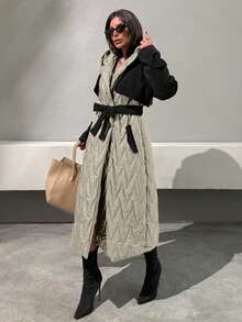 EURMUSE Women Garnished Trench Detailed Luxe Elegant Long Quilted Jacket - Mocha Brown - View 6