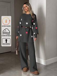 EURMUSE Women Heart Embroidery Balloon Sleeve Sweater And Pant Knit Set