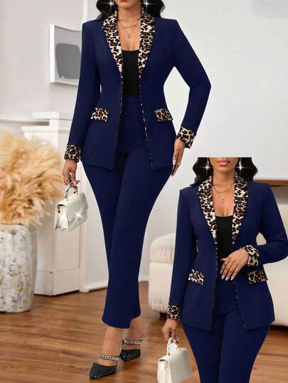 SHEIN Lady Autumn And Winter Elegant Navy Blue Leopard Print Stitching Knitted Lapel Button Long Sleeve Plus Size Puffy Coat Autumn  Casual Co-Ords