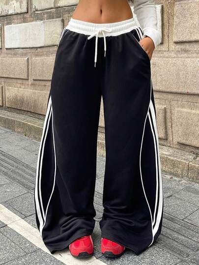 Coolane 男女夏季锐舞节街头休闲运动裤，撞色条纹纹理装饰，弹性腰带，深蓝色和黄色阔腿运动裤