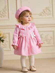 SHEIN Elladie kids 女婴粗花呢撞色格纹荷叶边蝴蝶结装饰连衣裙及帽子套装 - 粉色 - 查看 4