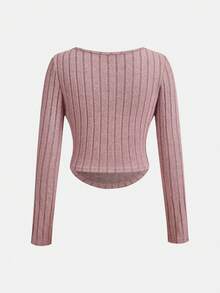SHEIN Bộ đồ thể thao thoải mái, thoải mái, áo thun dệt kim cổ chữ U tay dài họa tiết sọc xanh trắng và quần ống đứng ống rộng 2 món, bộ đồ thể thao năng động thoải mái cho bé gái tuổi mới lớn - Bụi hồng - Xem 6