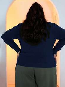Pretty and Ole Women's Plus Size Solid Color Basic Casual Open Cardigan, Autumn/Winter Fall - Navy Blue - View 2