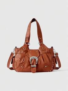 ROMWE Fairycore Túi xách đeo vai bằng da PU đính đinh tán thời trang, phong cách cho công sở. - màu nâu - Xem 2