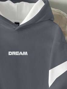 Manfinity Roghcode 男式字母印花拼色长袖套头连帽衫，罗纹下摆 - 灰色 - 查看 3