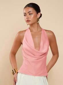 COSMINA Women's Pink Halter Tie Neck Backless Sleeveless Elegant Fashion Tank Top,Pink Top,Suitable For Valentine's Day And Beach Vacations, Backless Tops,Tank Top,Vacation Outfits Women - Pink - View 2