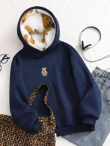 Tween Girl Casual Street Leopard Fluffy Hat, Five-Pointed Star & Leopard Print Pattern, Suitable For Street Style, Hooded Sweatshirt - Royal Blue - View 3