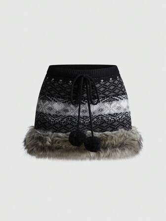 ROMWE Avant Y2K Autumn/Winter Snow Outfit Fair Isle Jacquard Low-Waist Women Sweater & Skirt Set