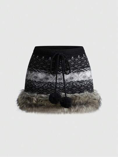 ROMWE Avant Y2K Autumn/Winter Snow Outfit Fair Isle Jacquard Low-Waist Women Sweater & Skirt Set