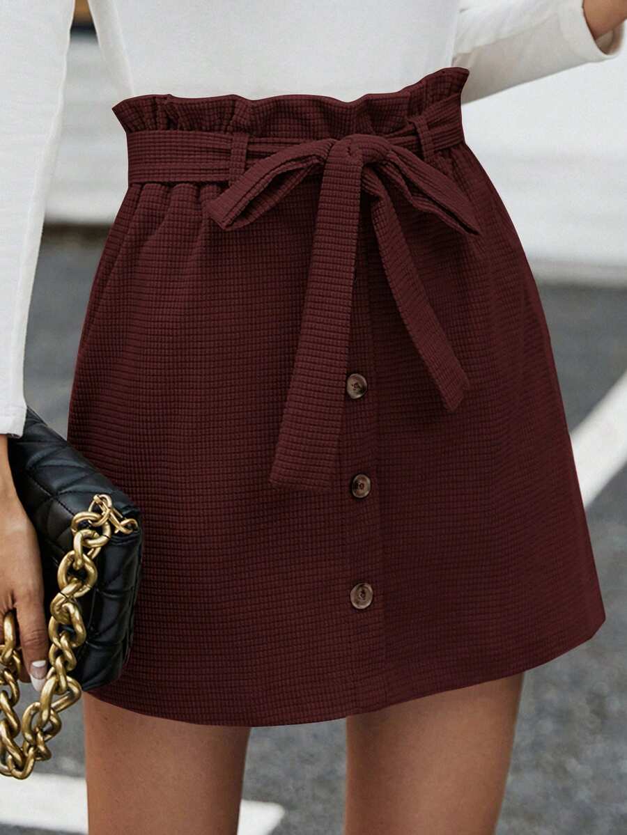 SHEIN Frenchy 女士夏季休闲日常通勤度假简约纯色纹理面料纸袋腰带半身裙 - 紅色 - 查看 1