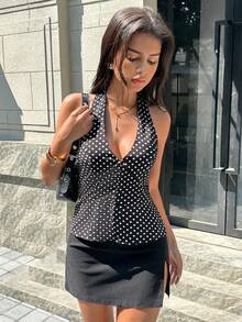 SHEIN Swim Fashionable Sexy Polka Dot Halter Backless Top - Black - View 3