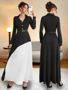 Opuloom Abito midi a-line con cintura in vita, a maniche lunghe, con scollo a V e colletto, in tessuto intrecciato a blocchi di colore, adatto per ufficio, lavoro, casual e occasioni di ristorazione, 2 in 1, colori bianco e nero, adatto per autunno/inverno/primavera