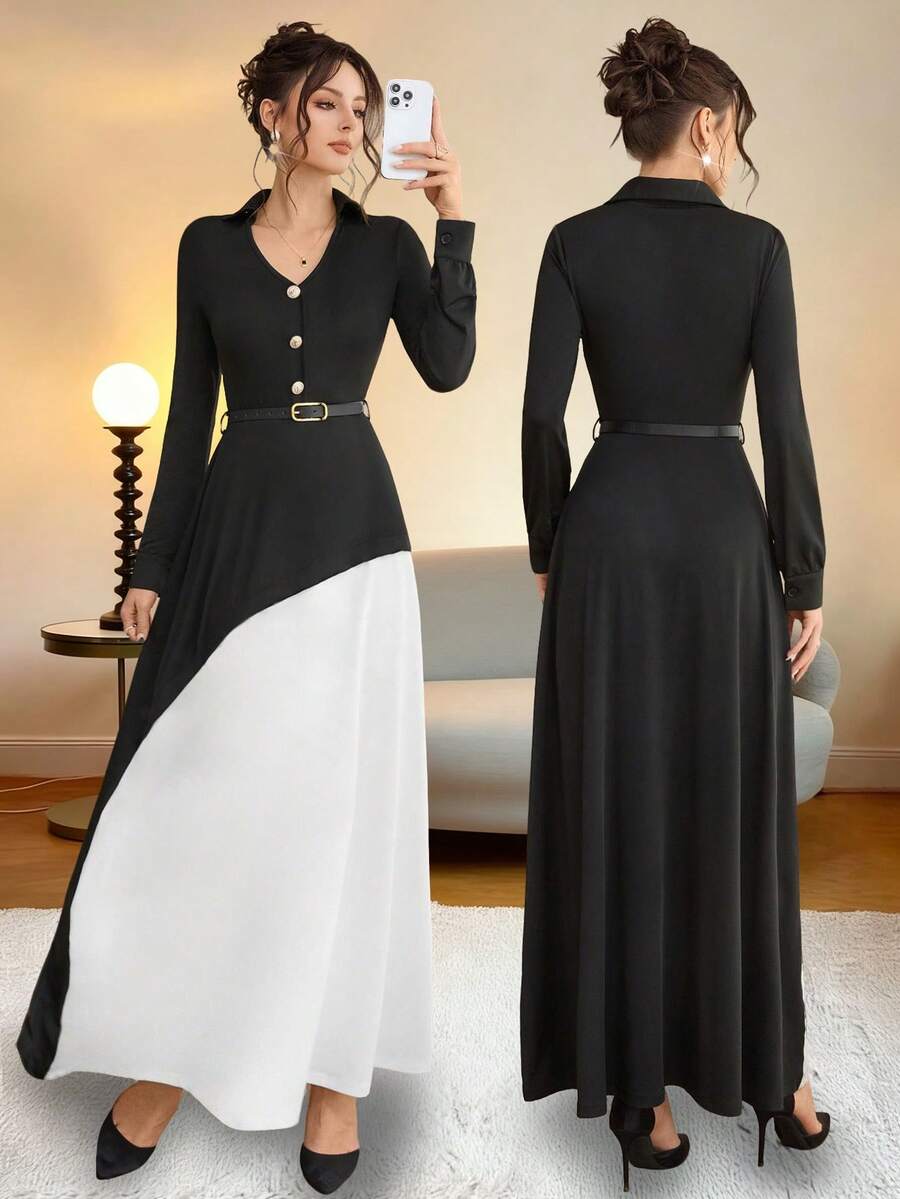 Opuloom Abito midi a-line con cintura in vita, a maniche lunghe, con scollo a V e colletto, in tessuto intrecciato a blocchi di colore, adatto per ufficio, lavoro, casual e occasioni di ristorazione, 2 in 1, colori bianco e nero, adatto per autunno/inverno/primavera