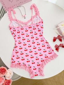 樱花蕾丝边饰牛奶丝束腰连体裤，荷叶边下摆，性感优雅 - 粉色 - 查看 7