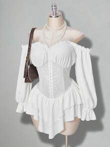SHEIN ICON 大码女式喇叭袖白色迷你连衣裙 - 白色 - 查看 1