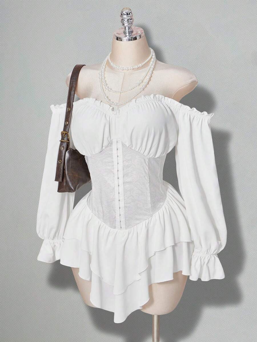 SHEIN ICON 大码女式喇叭袖白色迷你连衣裙 - 白色 - 查看 1