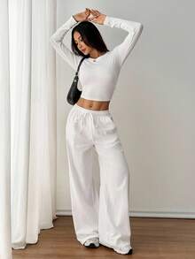 SHEIN PETITE Women's Summer Country Concert Going Out Boho Beach Vacation Outfits Basic Minimalist Washed 100%Cotton White Pants Curved Hem Pants,Fall Women Clothes White Wide Leg Pants Women