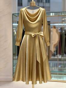 Franclia 女士优雅法式时尚涂层面料中长连衣裙，女士长款派对连衣裙，女士秋季连衣裙 - 金色 - 查看 1