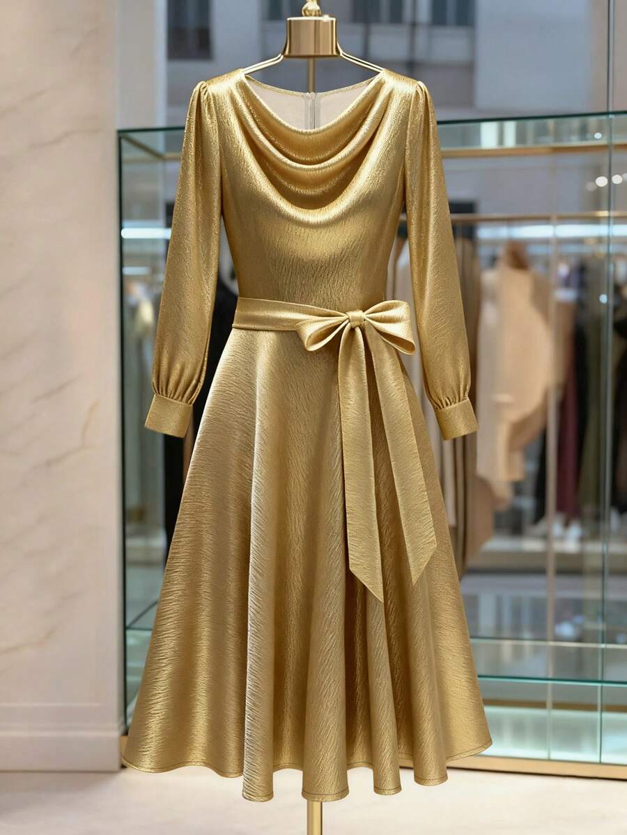 Franclia 女士优雅法式时尚涂层面料中长连衣裙，女士长款派对连衣裙，女士秋季连衣裙 - 金色 - 查看 1