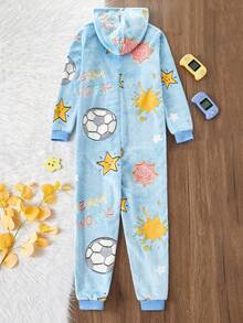 Bộ đồ liền thân dài tay có mũ trùm đầu bằng vải lông cừu mềm mại, họa tiết bóng đá phát sáng trong bóng tối, cúp, tiếng Anh, họa tiết graffiti, trang phục thường ngày dạo phố & đồ mặc nhà cho kỳ nghỉ mùa đông - Màu xanh lam - Xem 2